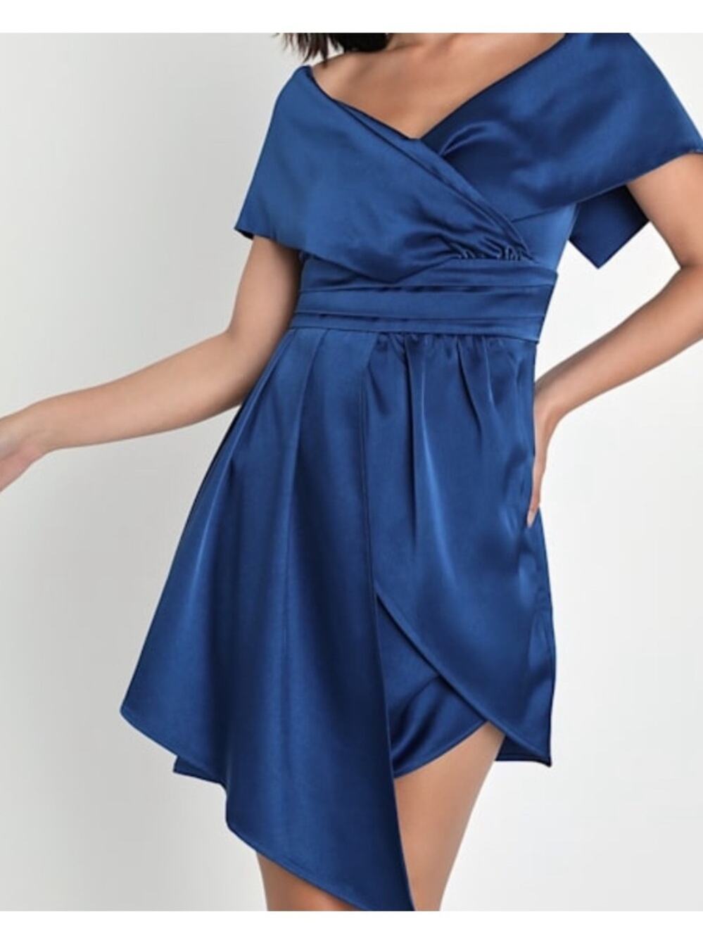 Lulu’s NWT Always Celebrating Navy Blue Satin Off Shoulder Asym Mini Dress XL